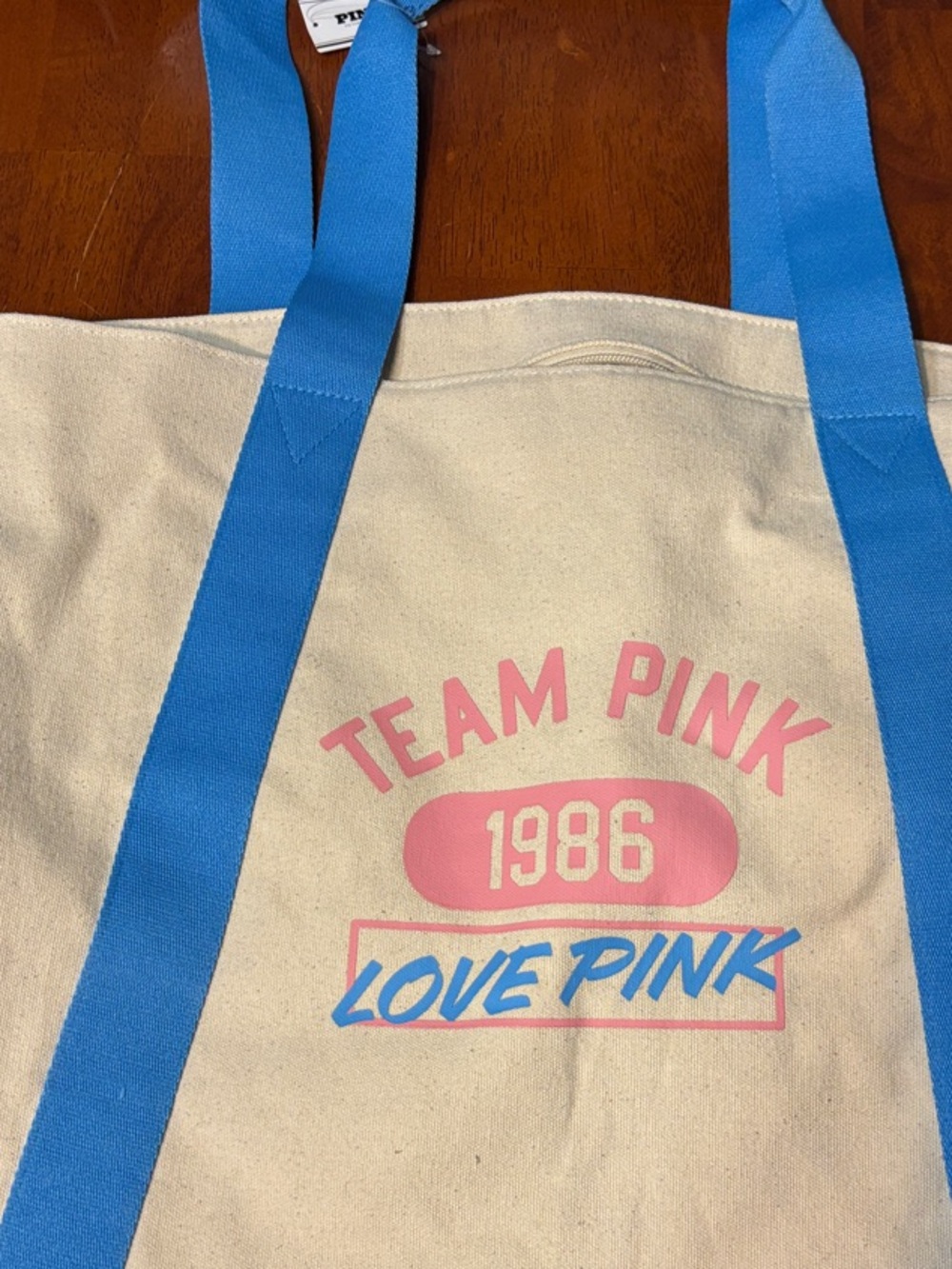 PINK Victoria's Secret Canvas Tote with Blue Straps and Pink Logo